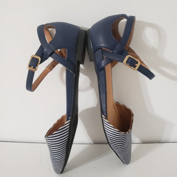 Cato Ankle Strap Pointed Toe Striped Flat Shoes - Picture 3 of 8